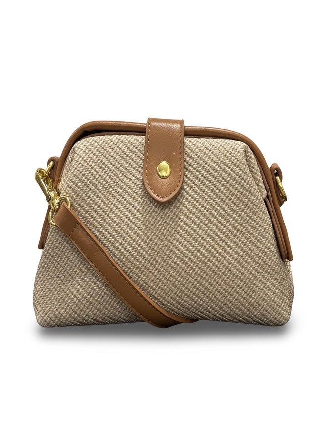 GLOSSY Elegant Crossbody Sling Bag Trendy Design, Beige PU Material (Tan) - Image 1